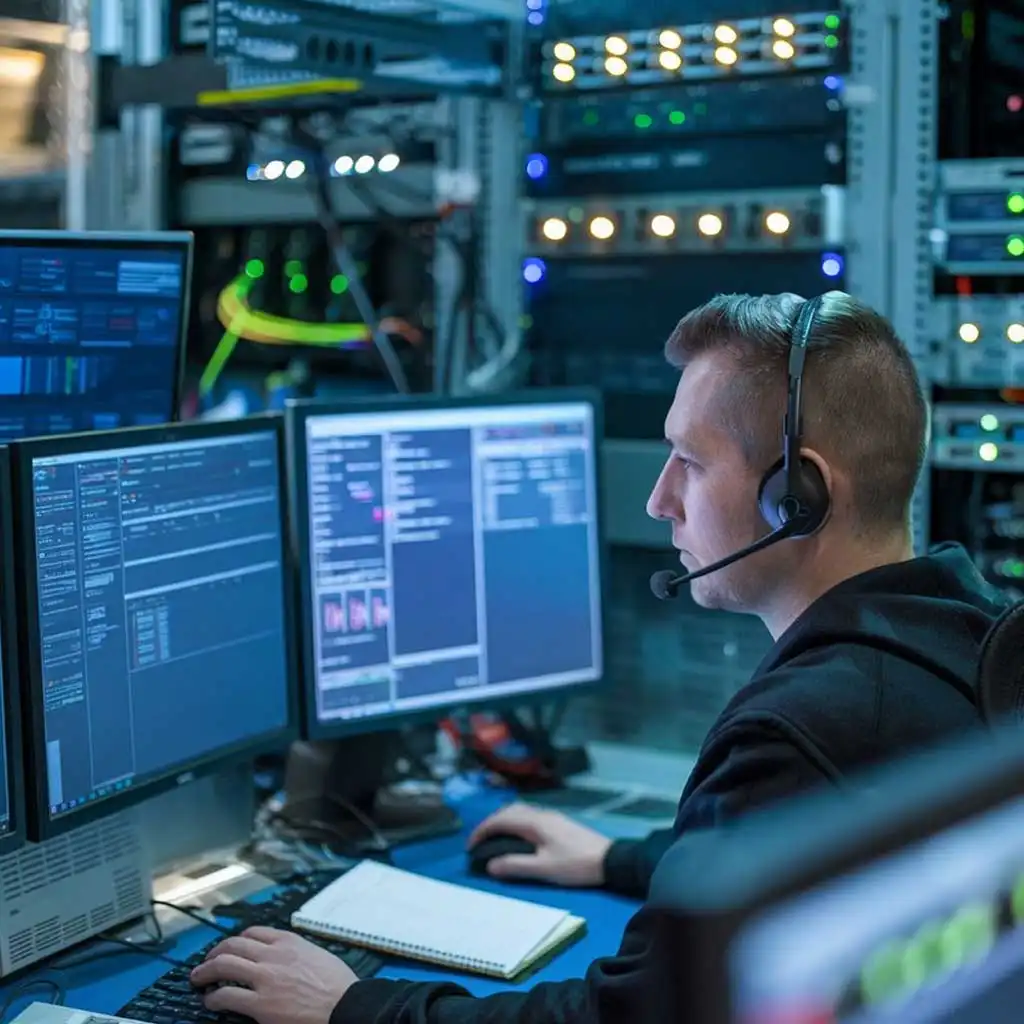 IT support engineer wearing a headset, monitoring systems in front of server racks